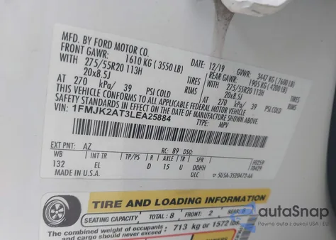 2020 Ford Expedition Limited Max из США, поврежденный, VIN 1FMJK2AT3LEA25884